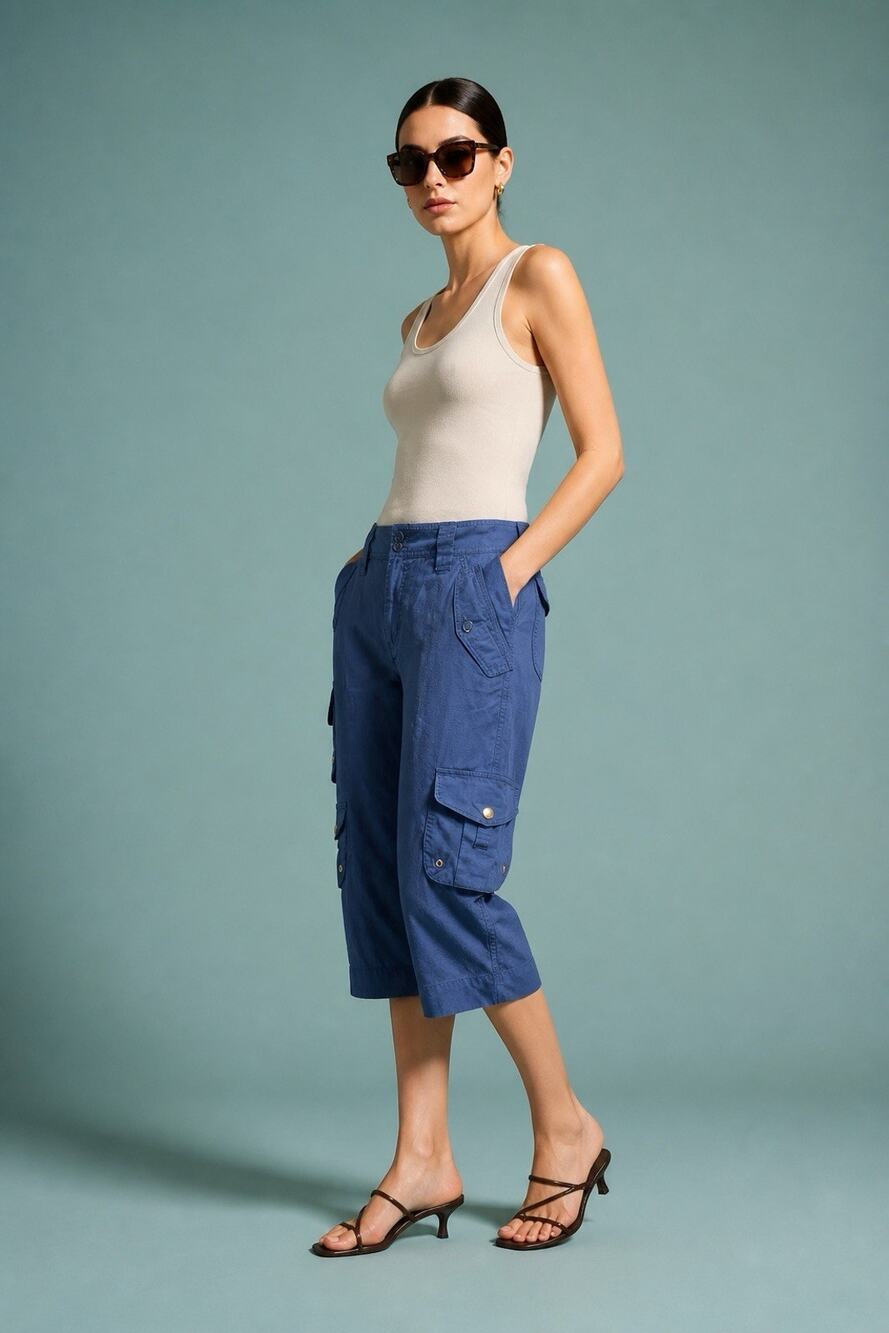 Lauren Ralph Lauren Cargo Capris w/ Gold Snap Buttons Adjustable Hems Blue Sz 8